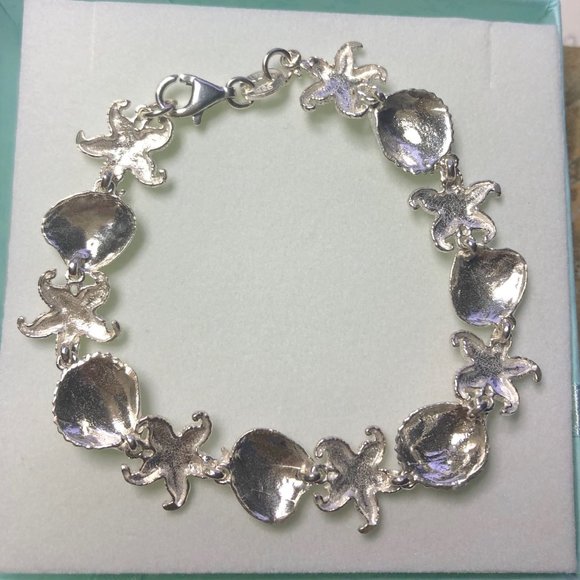 Sterling Silver 7.5" Starfish, Scallop, Clam Shell Bracelet - Picture 2 of 3